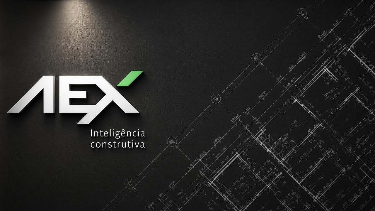 Marca AEX Inteligência Construtiva aplicada sobre prancha de projeto